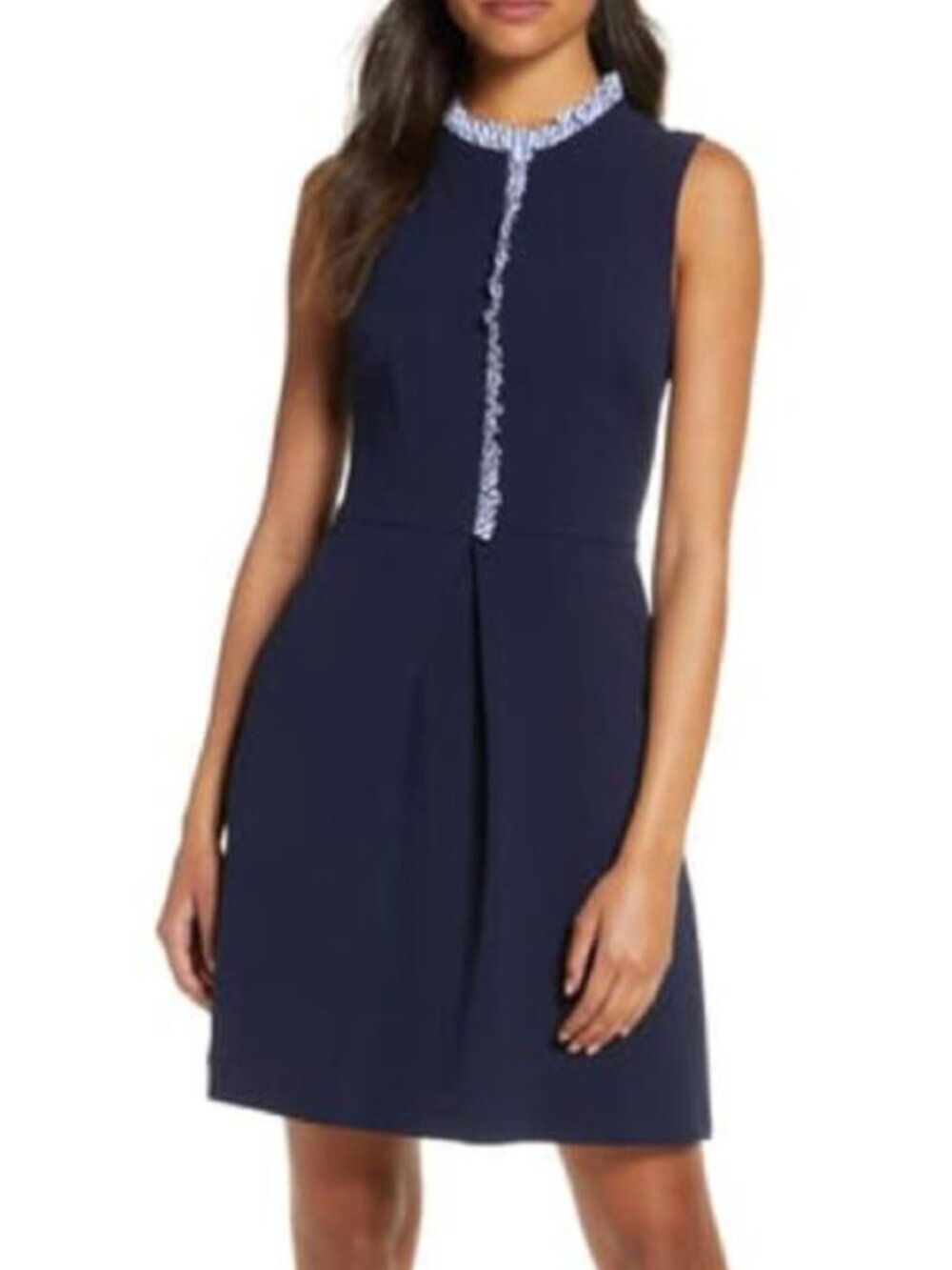 Eliza J Ruffle Striped Trim Sleeveless Crepe Navy Blue Above The Knee Dress sz 8 - Picture 1 of 7